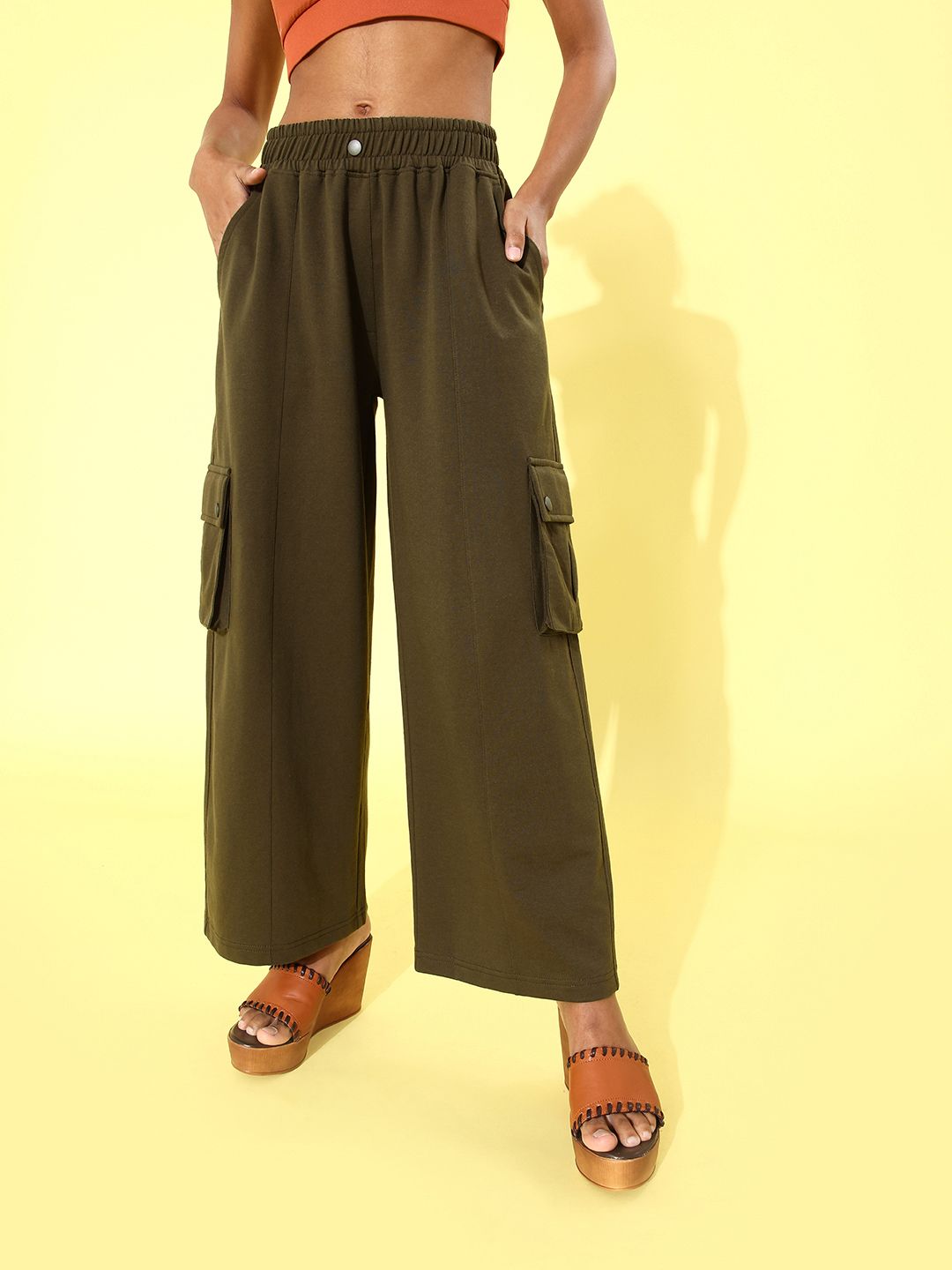 abof Women Olive Solid Y2K Cargo Trousers Price in India