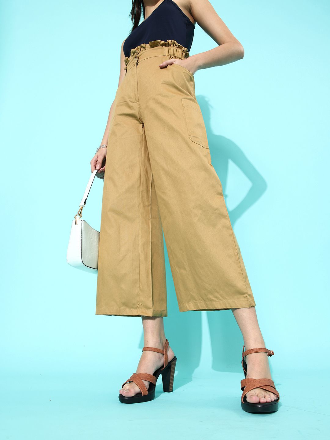 abof Women Brown Solid Wide Leg Bottom Trousers Price in India