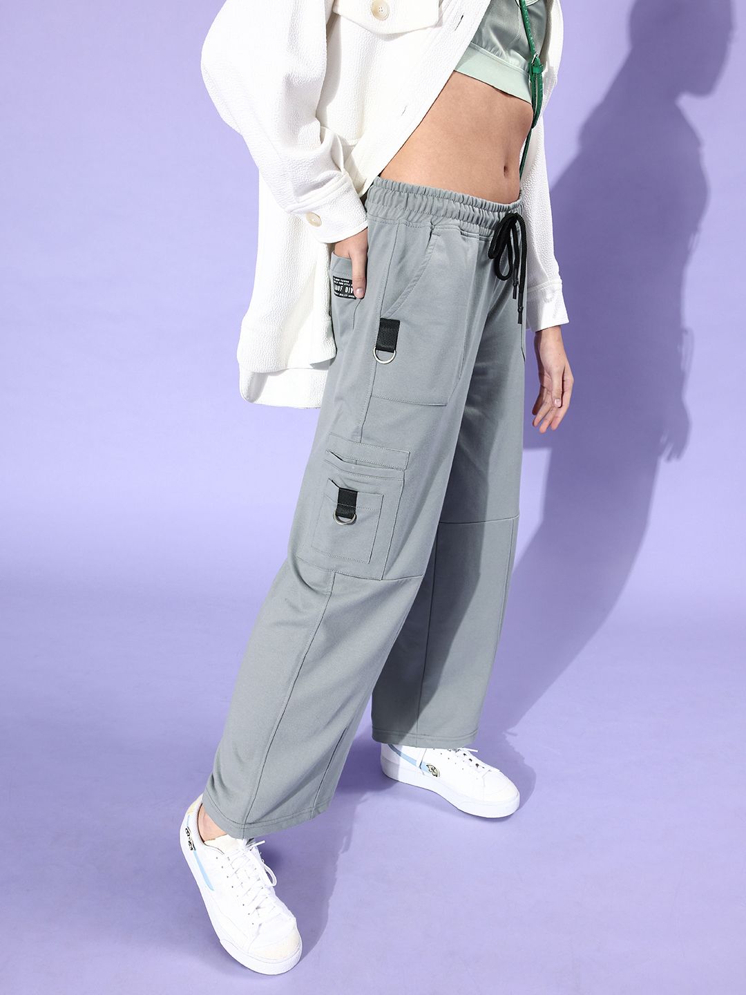 abof Women Beautiful Grey Solid Y2K Cargo Trousers Price in India
