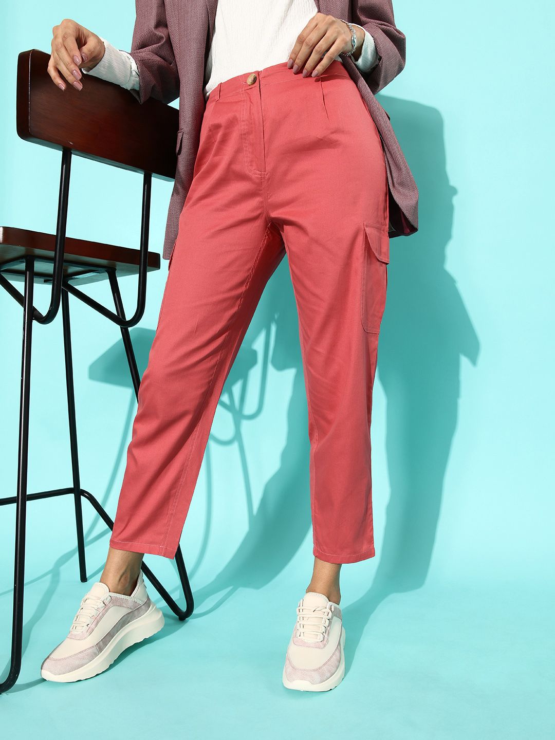 abof Women Stylish Pink Solid Y2K Fit Trousers Price in India