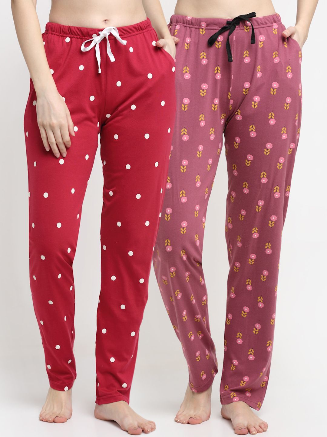 Kanvin Women Pack Of 2 Red & Pink Printed Pure Cotton Lounge Pants Price in India