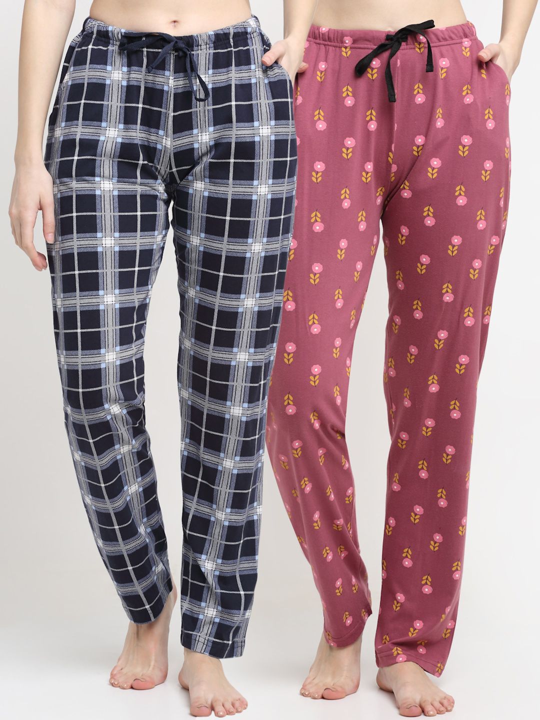 Kanvin Women Pack Of 2 Pink & Navy Blue Printed Pure Cotton Lounge Pants Price in India