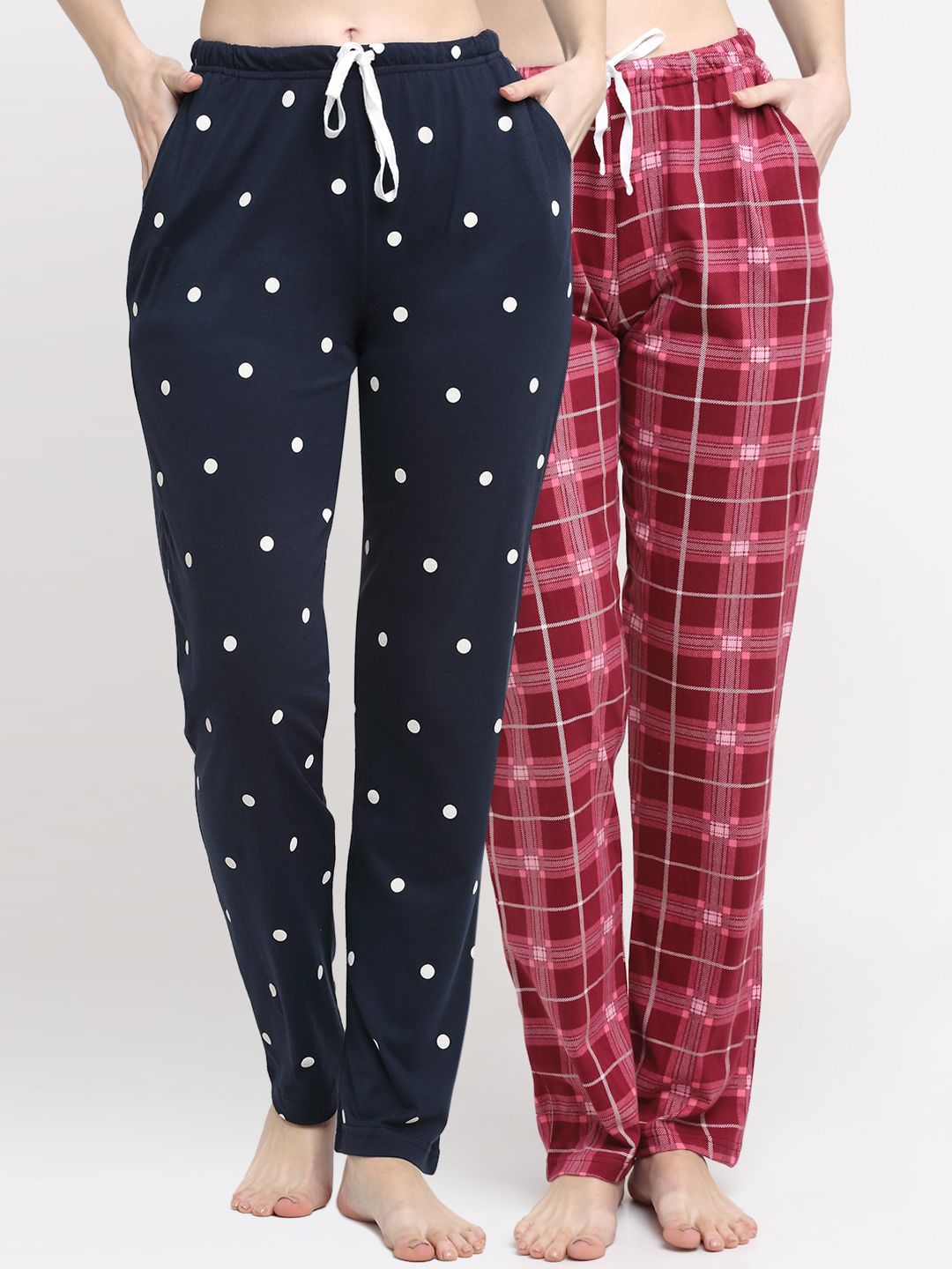 Kanvin Women Red & Navy Blue Pack Of 2 Printed Regular-Fit Lounge Pants Price in India