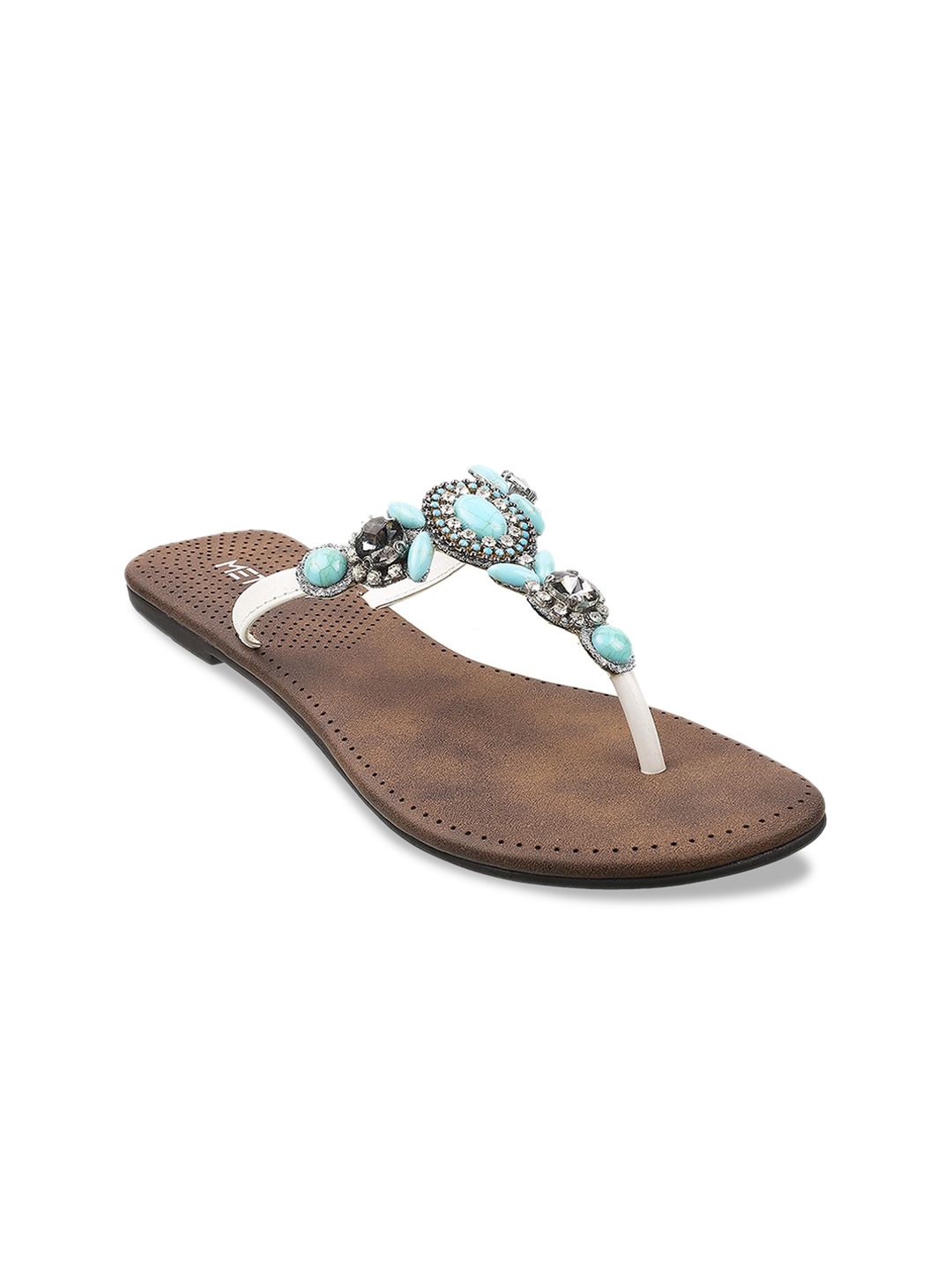 Metro Women White Embellished T-Strap Flats Price in India
