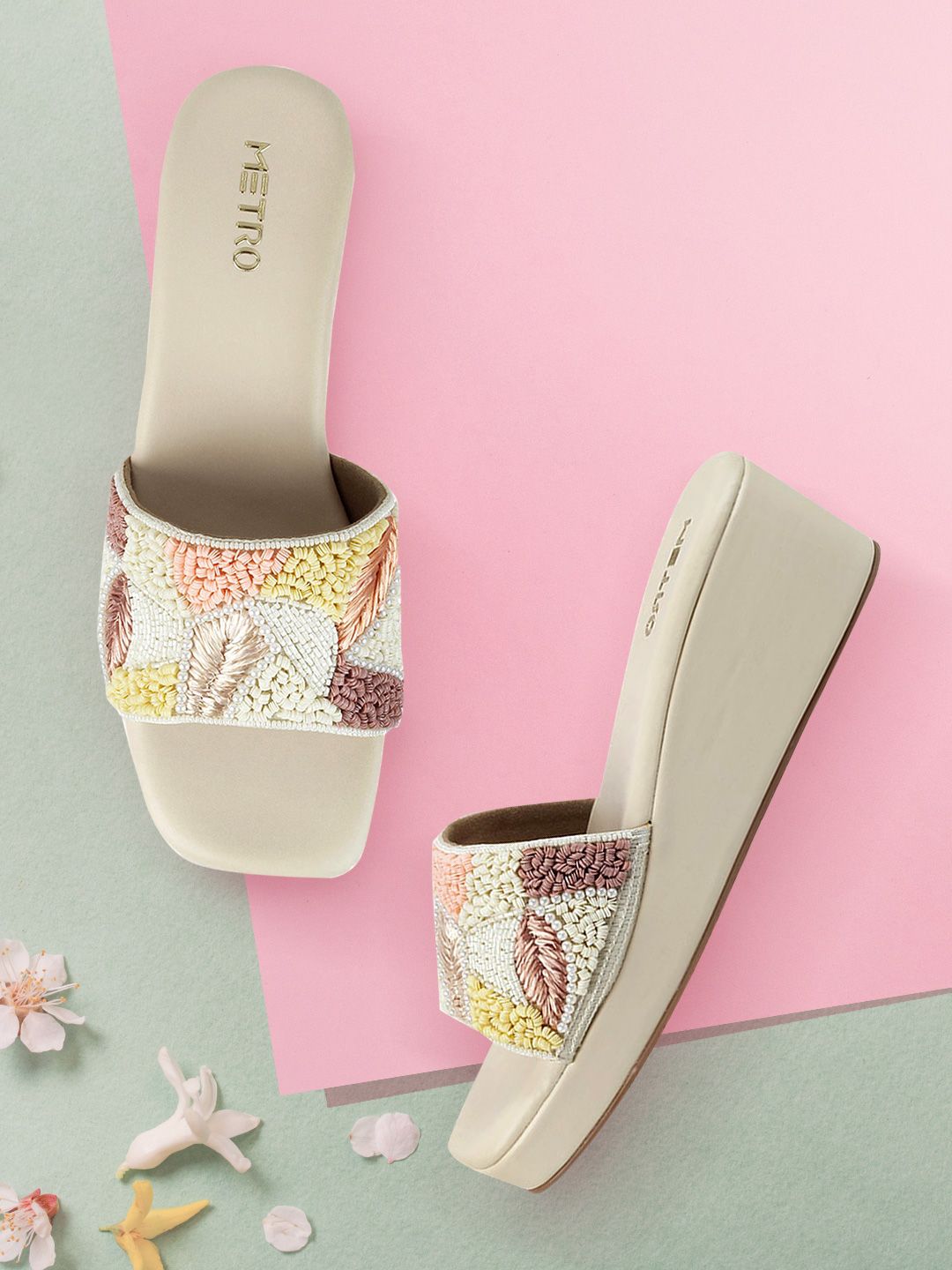 Metro Beige Printed Wedge Mules Price in India