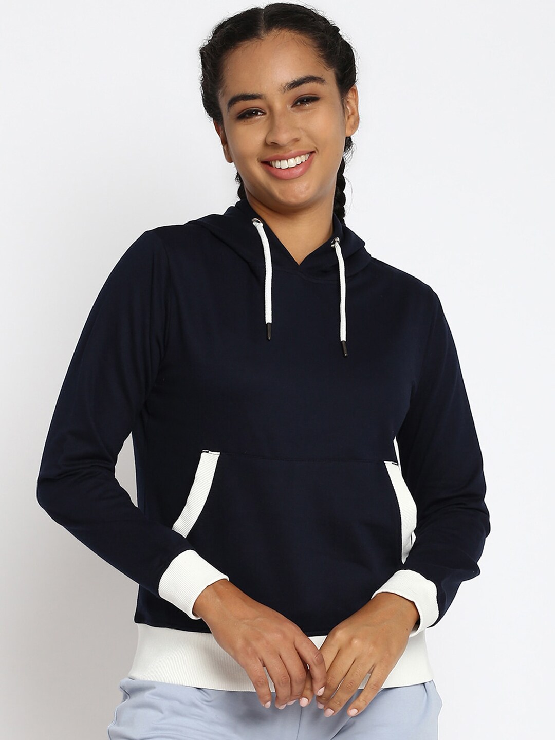 abof Women Navy Blue Hooded Sweatshirt Price in India