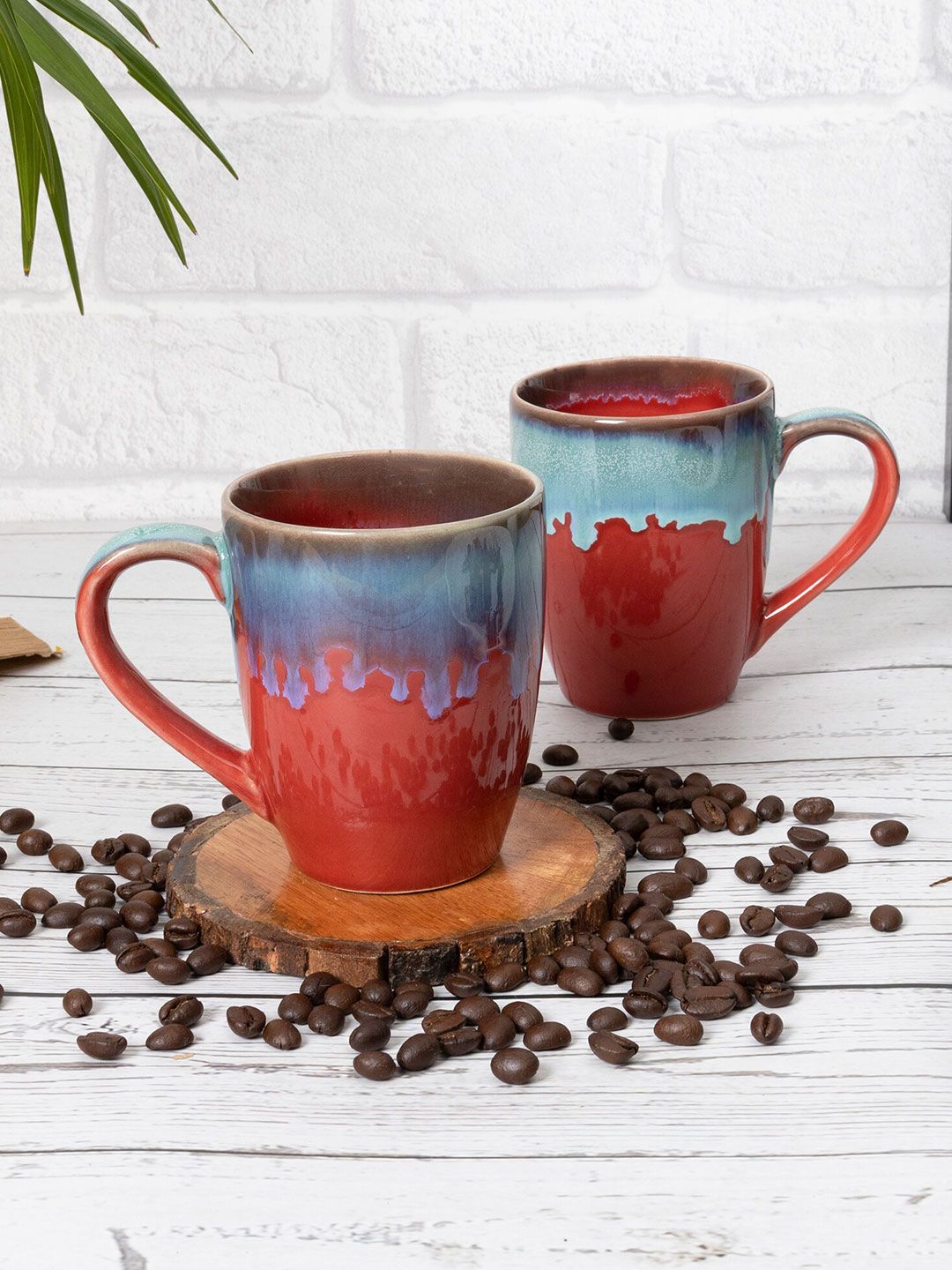 Homesake Set of 2 Red & Blue Handcrafted Solid Ceramic Glossy Mugs Price in India