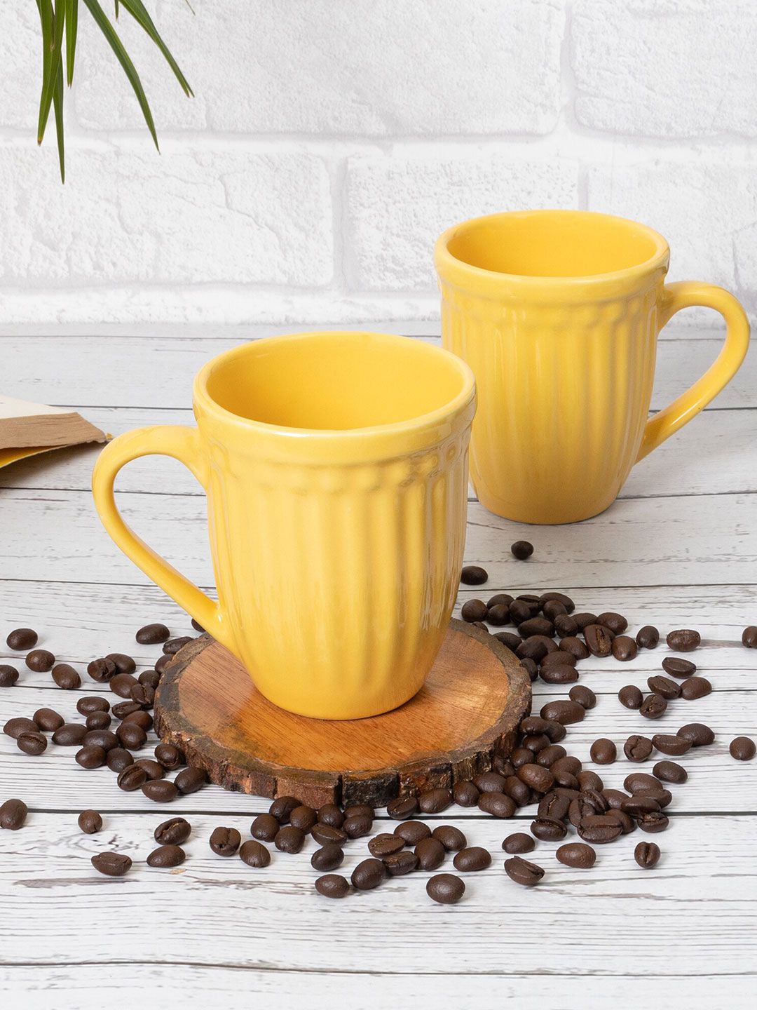 Homesake Set of 2 Yellow Handcrafted Solid Ceramic Glossy Mugs Price in India