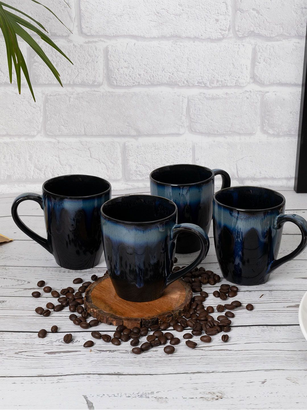 Homesake Set of 4  Black & Blue Handcrafted Solid Ceramic Glossy Mugs Price in India