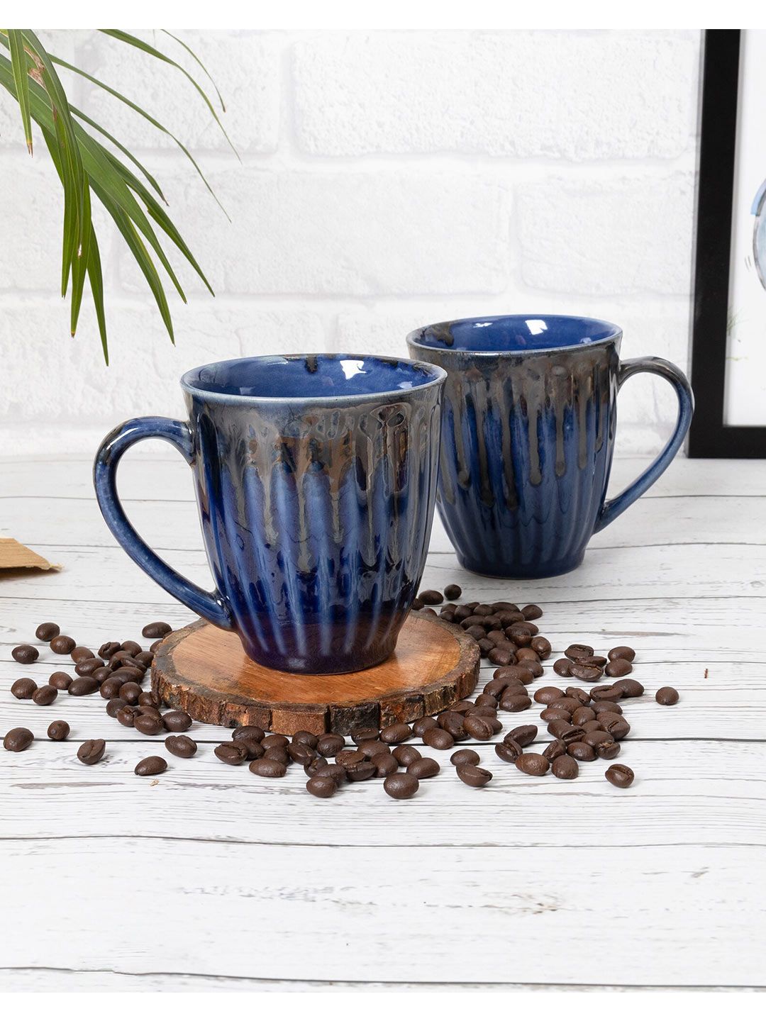 Homesake Set of 2 Blue & Grey Handcrafted Solid Ceramic Glossy Mugs Price in India