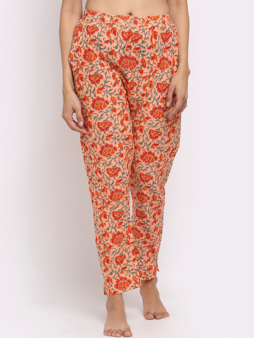 NEUDIS Women Peach-Coloured & Orange Printed Cotton Lounge Pants Price in India