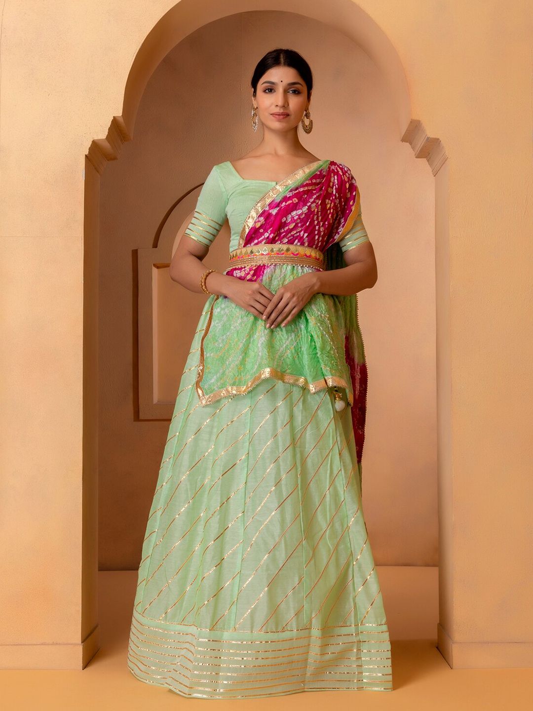Geroo Jaipur Green & Fuchsia Embellished Ready to Wear Lehenga & Unstitched Blouse With Dupatta Price in India