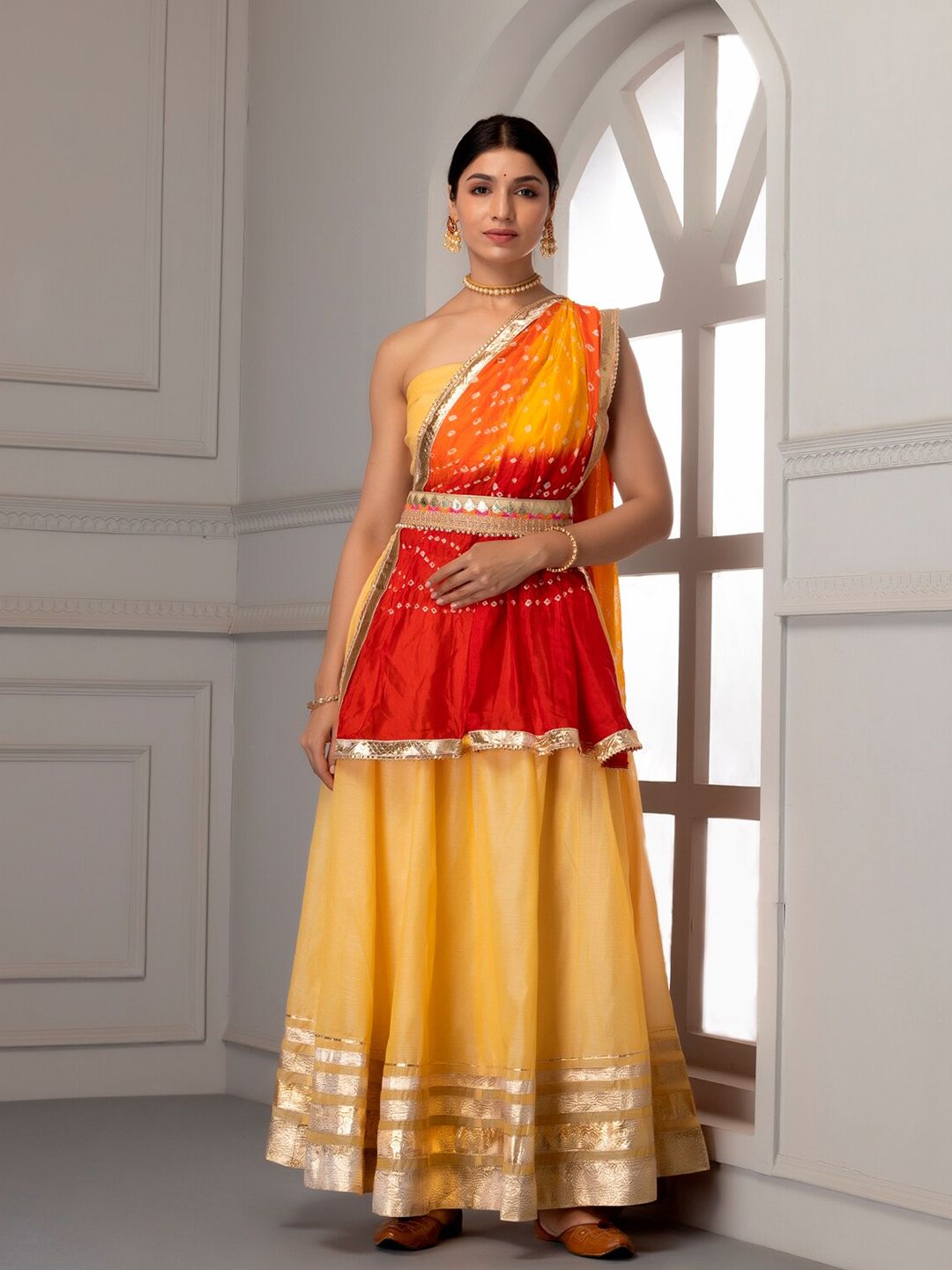 Geroo Jaipur Yellow & Red Embellished Ready to Wear Lehenga & Unstitched Blouse With Dupatta Price in India