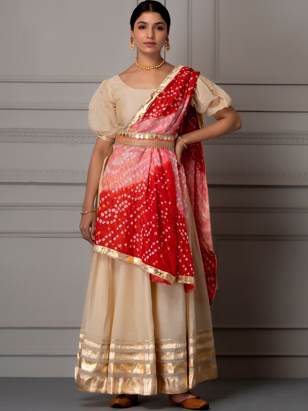 Geroo Jaipur Cream-Coloured & Red Embellished Ready to Wear Lehenga & Unstitched Blouse With Dupatta Price in India