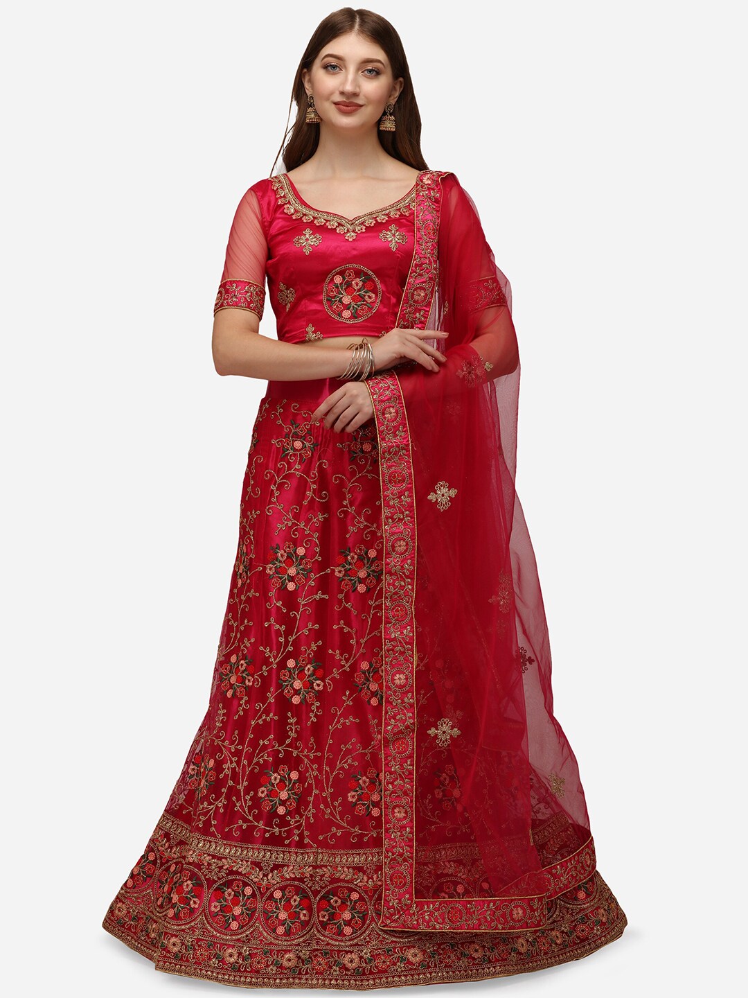 Netram Red Embroidered Semi-Stitched Lehenga & Unstitched Choli With Dupatta Price in India