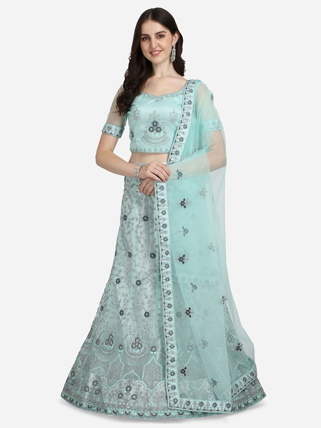 Netram Turquoise Blue & White Embroidered Semi-Stitched Lehenga & Unstitched Blouse With Dupatta Price in India