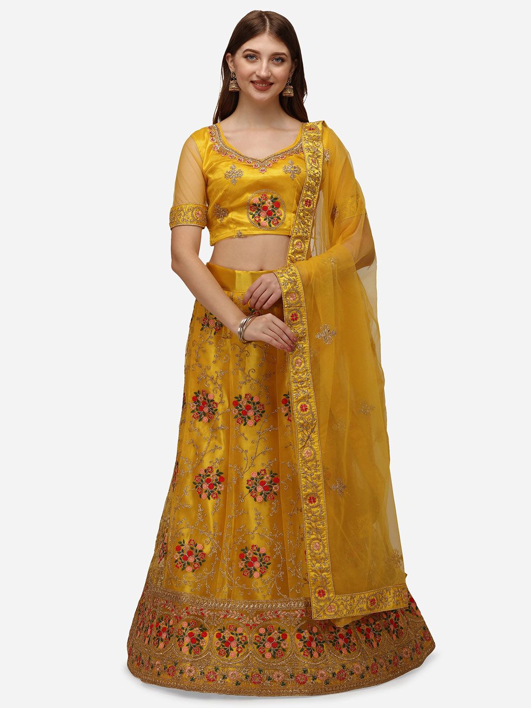 Netram Yellow Embroidered Semi-Stitched Lehenga & Unstitched Choli With Dupatta Price in India