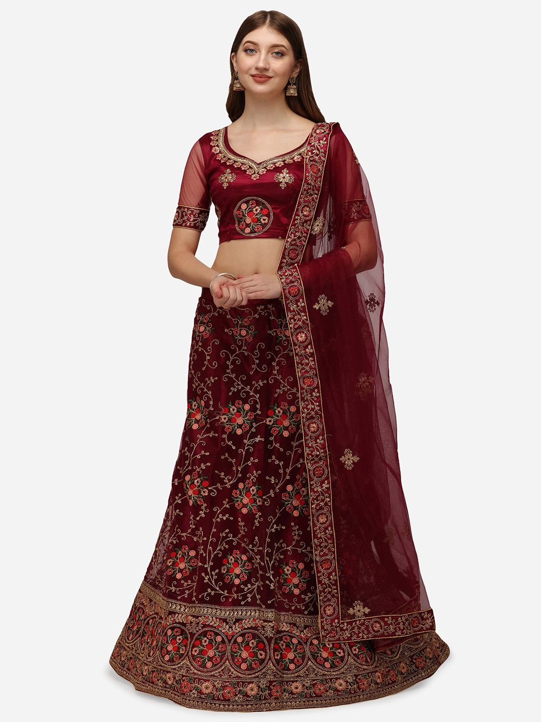 Netram Purple & Pink Embroidered Semi-Stitched Lehenga & Unstitched Blouse With Dupatta Price in India