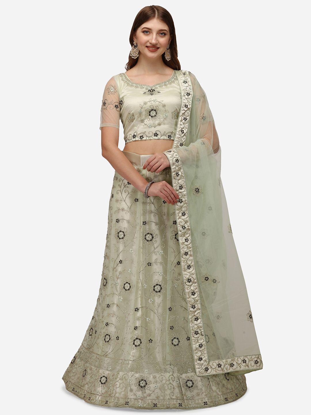 Netram Lime Green Embroidered Semi-Stitched Lehenga & Unstitched Choli With Dupatta Price in India