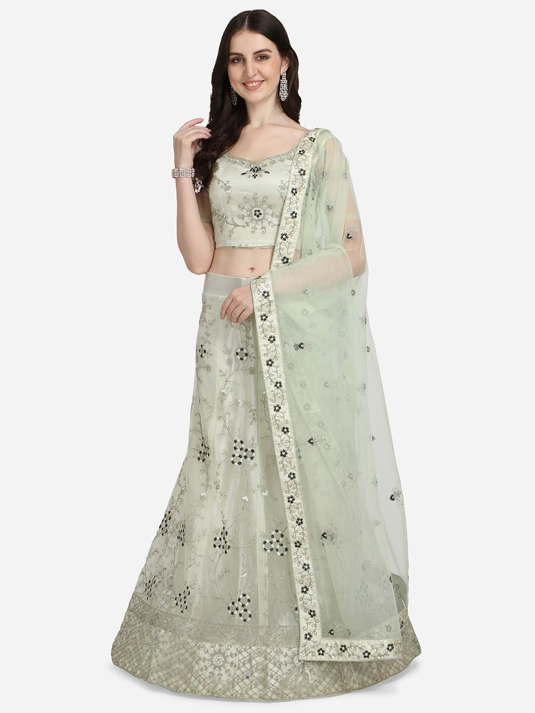 Netram Lime Green & Black Embroidered Semi-Stitched Lehenga & Unstitched Blouse With Dupatta Price in India