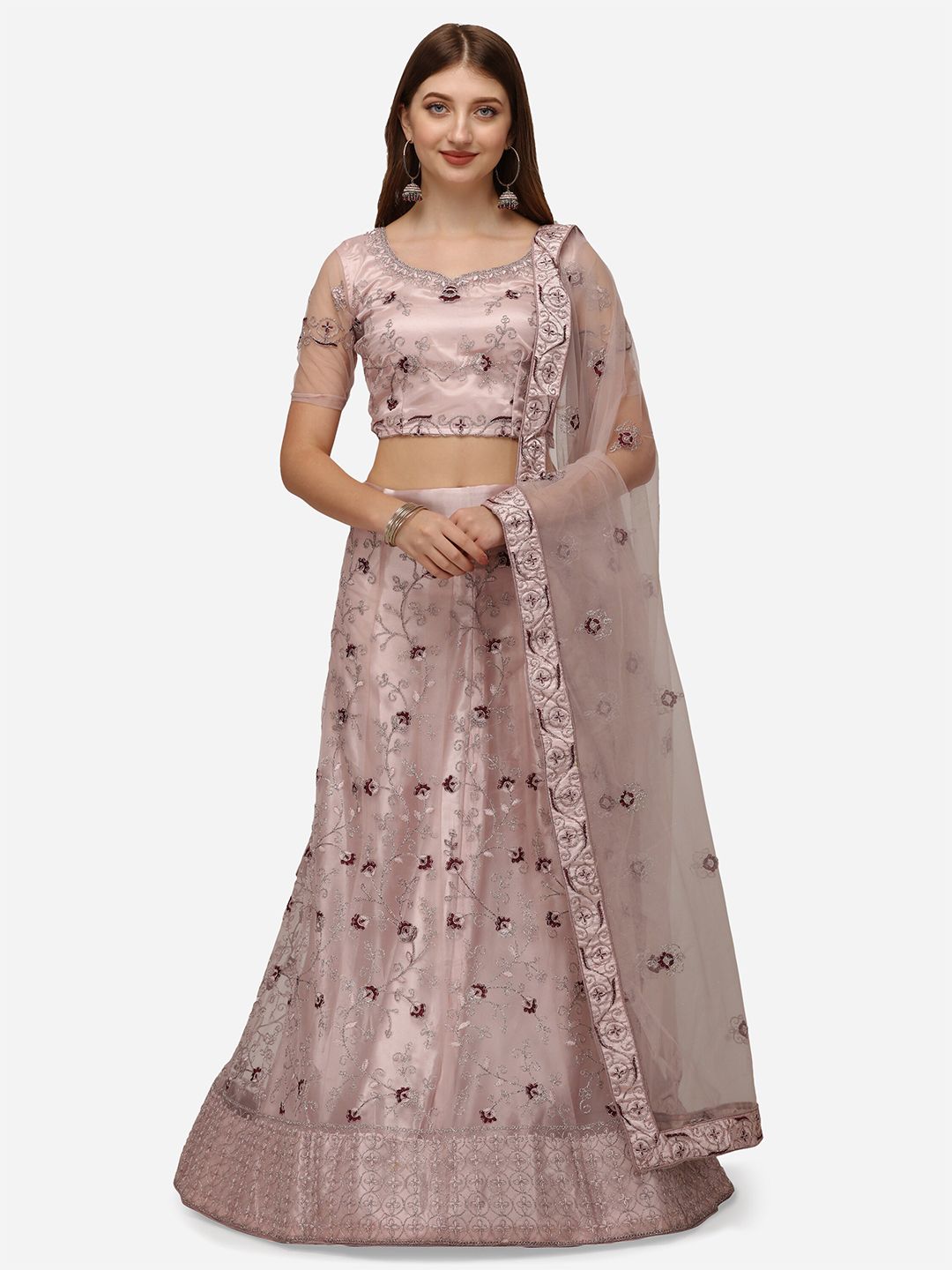 Netram Lavender Embroidered Semi-Stitched Lehenga & Unstitched Blouse With Dupatta Price in India