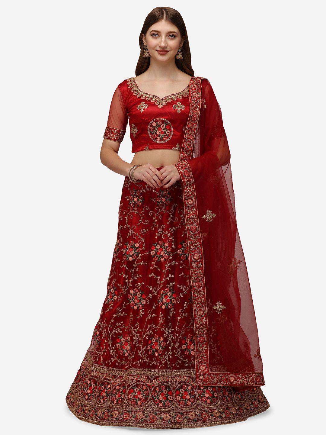 Netram Red & Pink Embroidered Kalamkari Semi-Stitched Lehenga & Unstitched Blouse With Dupatta Price in India