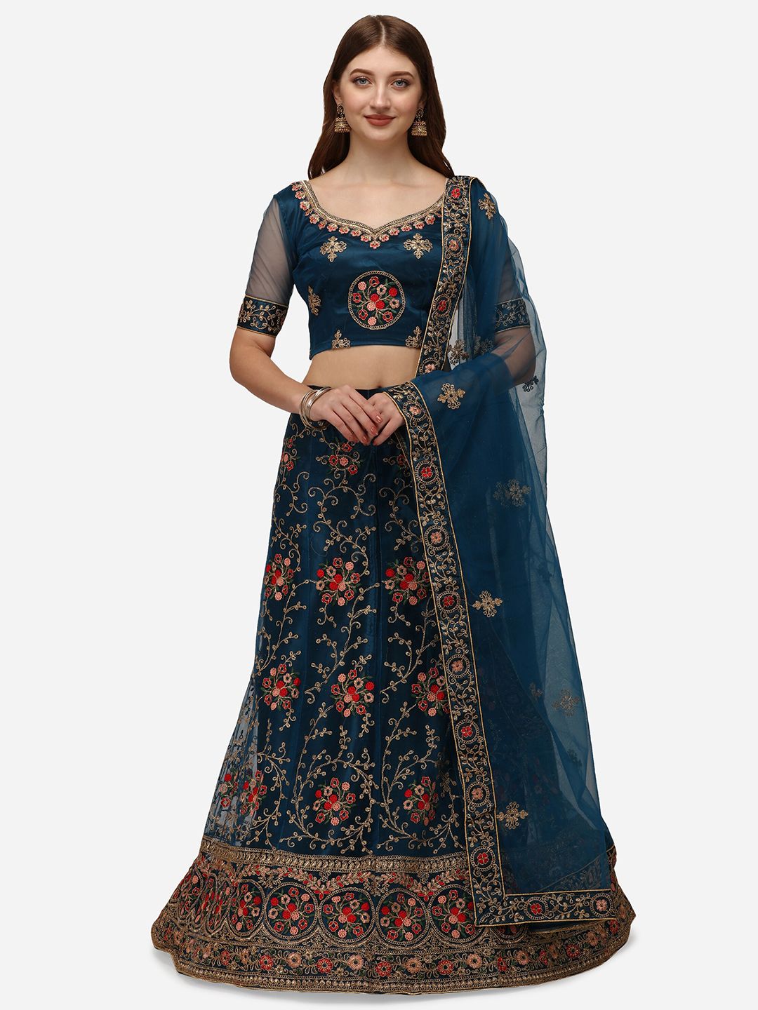 Netram Teal Blue & Gold-Toned Semi-Stitched Lehenga & Unstitched Blouse With Dupatta Price in India