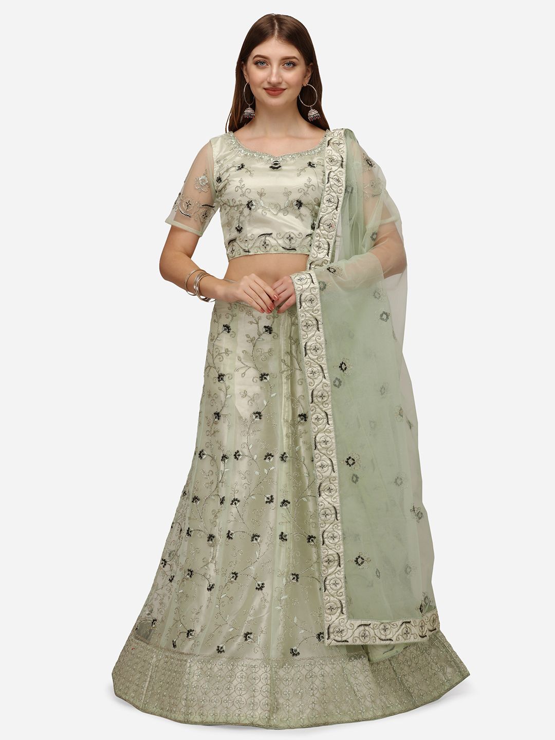 Netram Lime Green & Silver-Toned Embroidered Semi-Stitched Lehenga & Unstitched Blouse With Dupatta Price in India