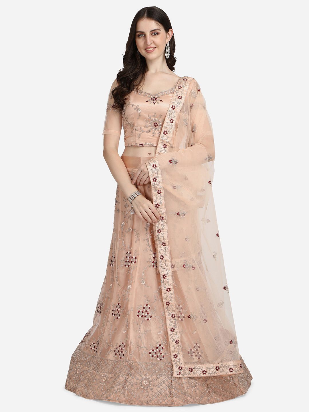 Netram Peach-Coloured Embroidered Semi-Stitched Lehenga & Unstitched Blouse With Dupatta Price in India