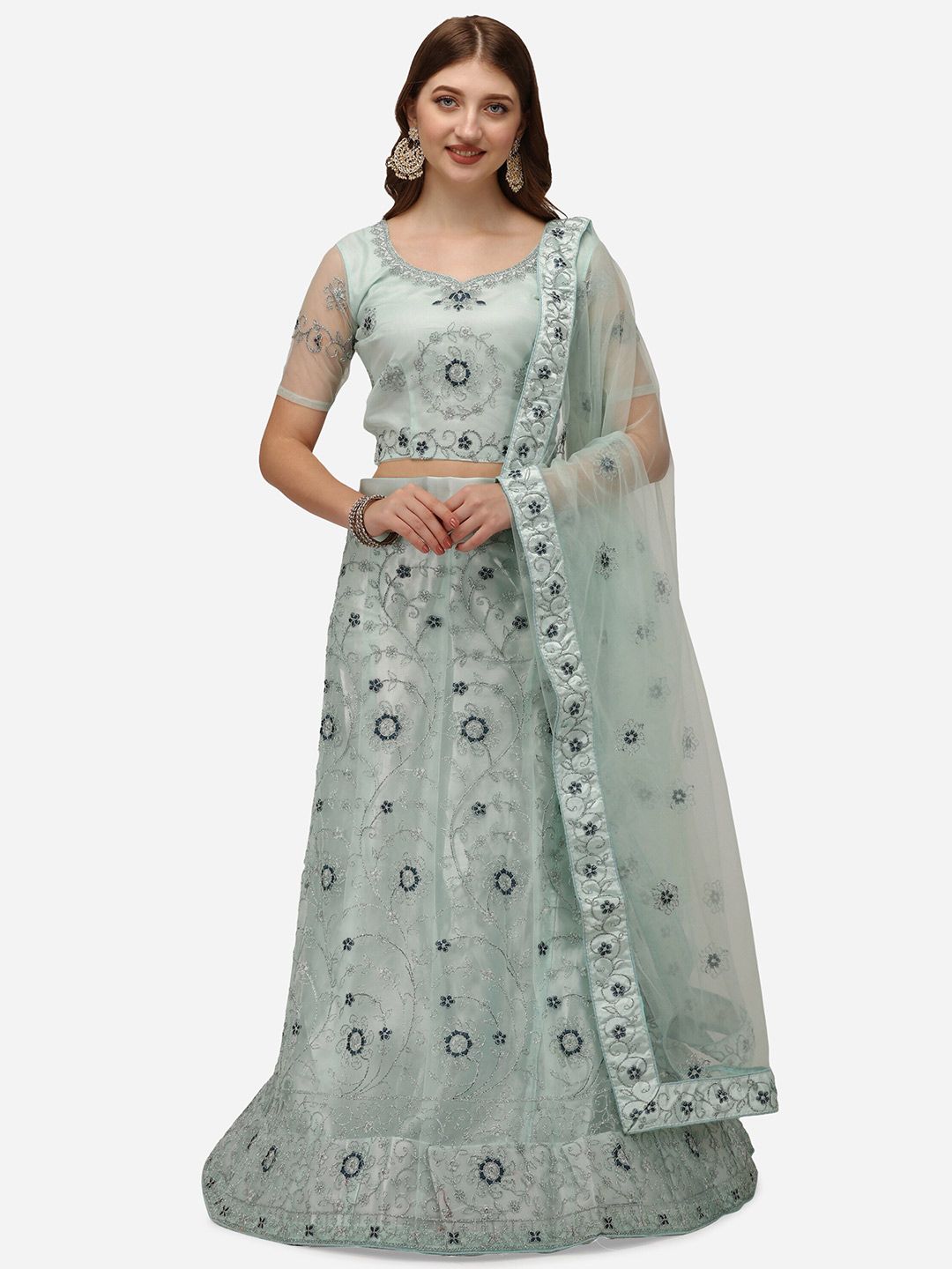 Netram Turquoise Blue & Silver-Toned Semi-Stitched Lehenga & Unstitched Blouse Dupatta Price in India