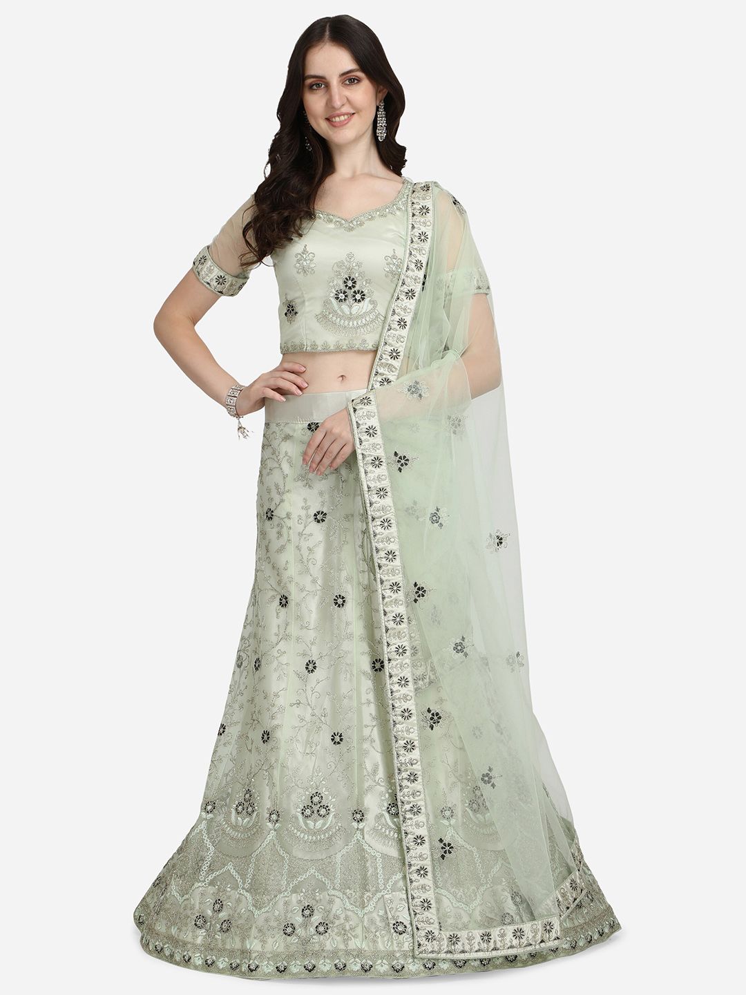 Netram Lime Green & Silver-Toned Embroidered Semi-Stitched Lehenga & Unstitched Blouse With Dupatta Price in India