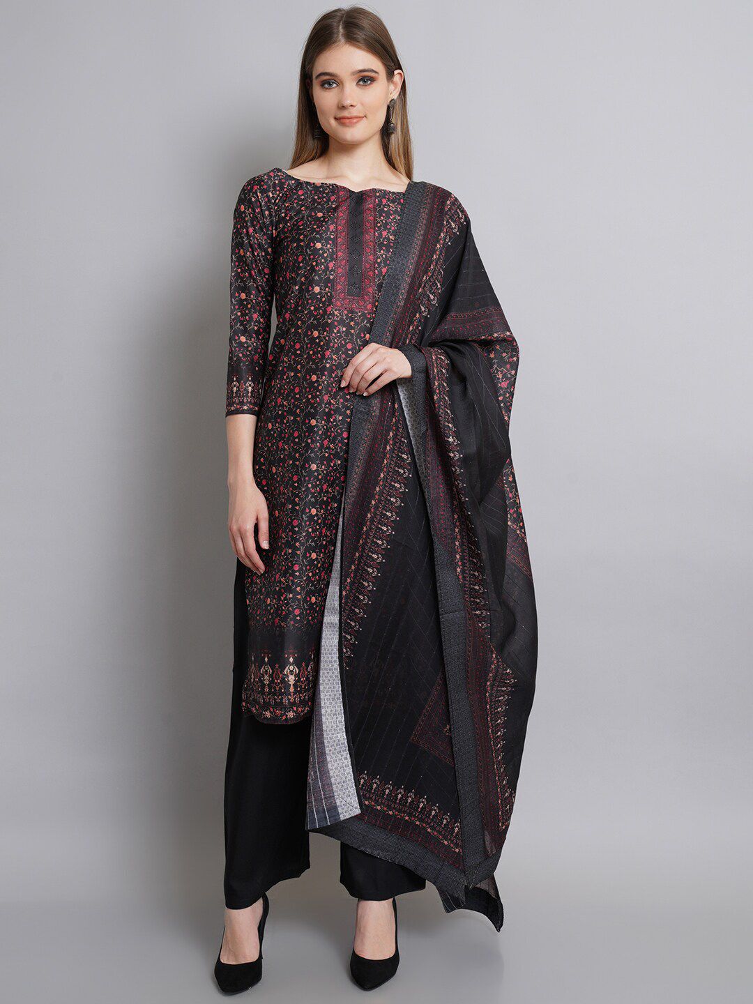 Stylee LIFESTYLE Black & Red Printed Unstitched Dress Material Price in India