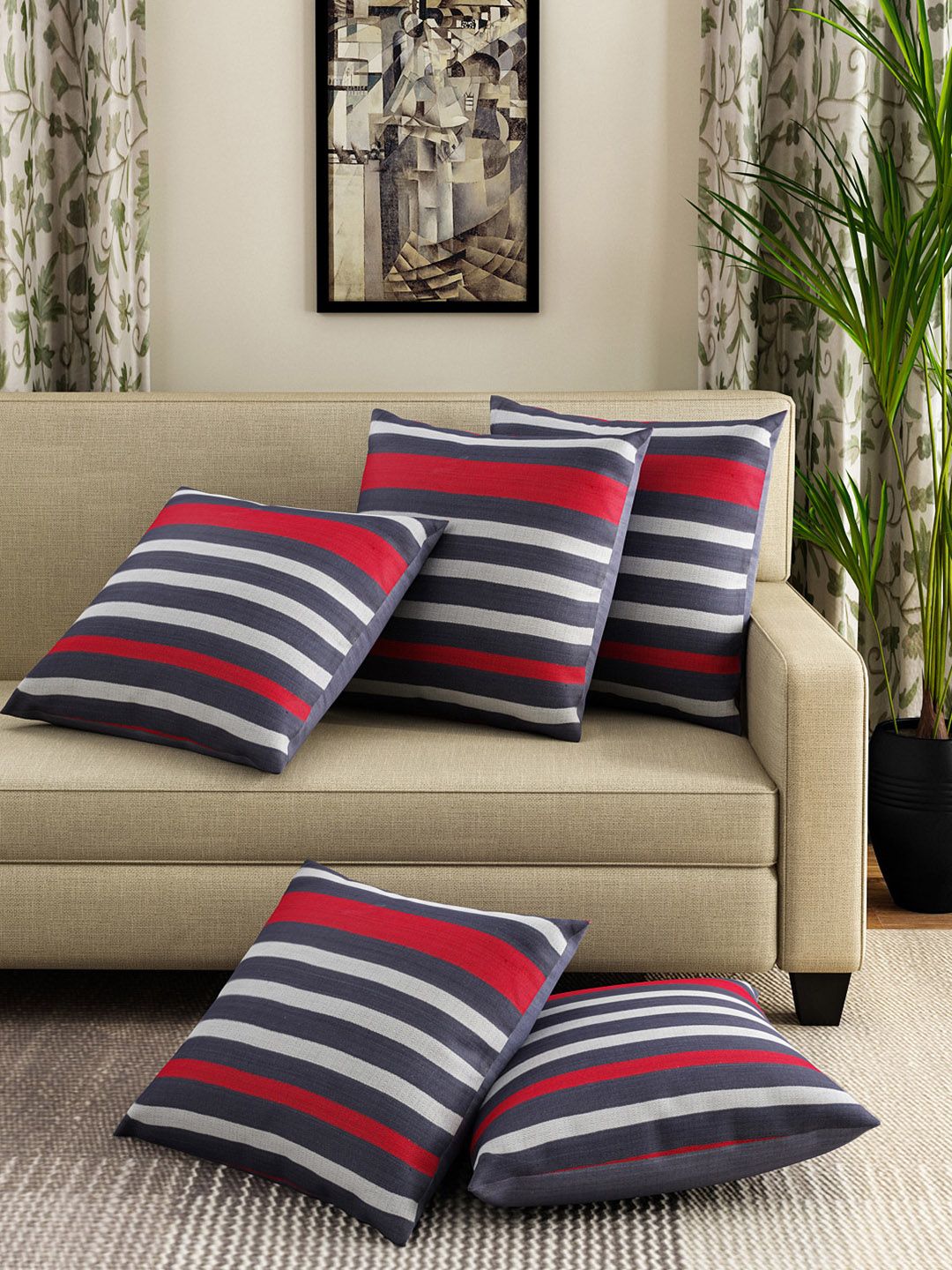 SWAYAM Navy & White Set of 5 Striped 12" x 12" Square Cushion Covers Price in India