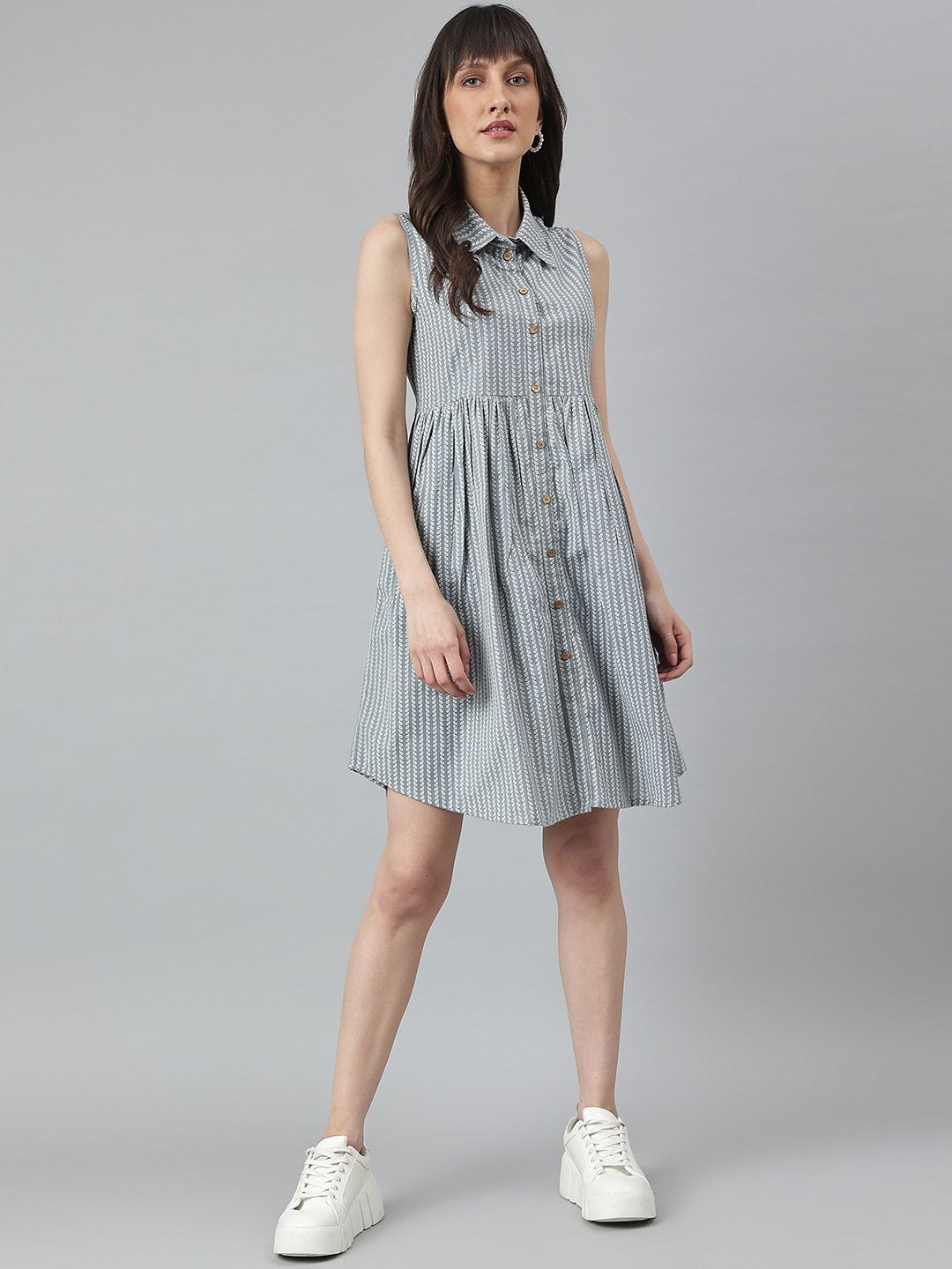 DECKEDUP Grey Striped Shirt Dress Price in India