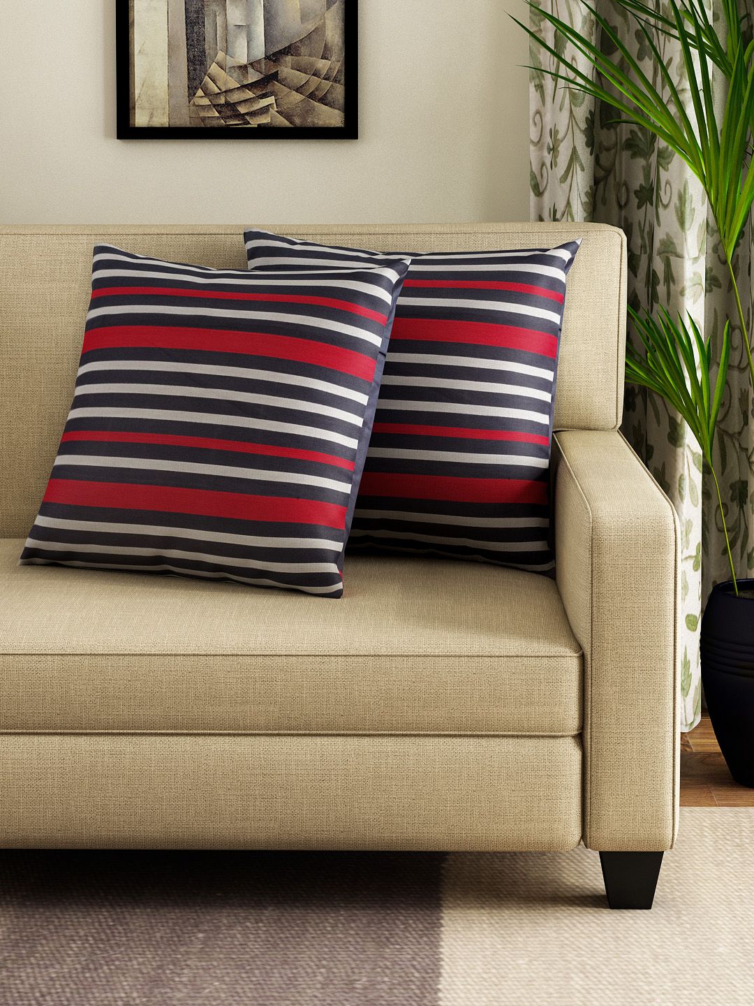 SWAYAM Navy & White Set of 2 Striped 24"x24" Square Cushion Covers Price in India