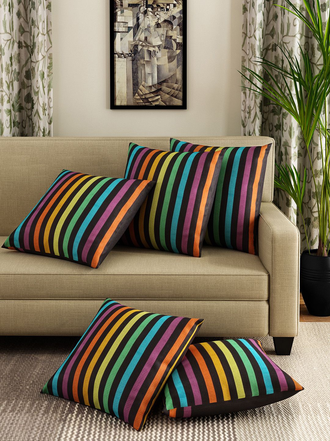 SWAYAM Multicoloured Set of 5 Striped 16'' x 16'' Square Cushion Covers Price in India