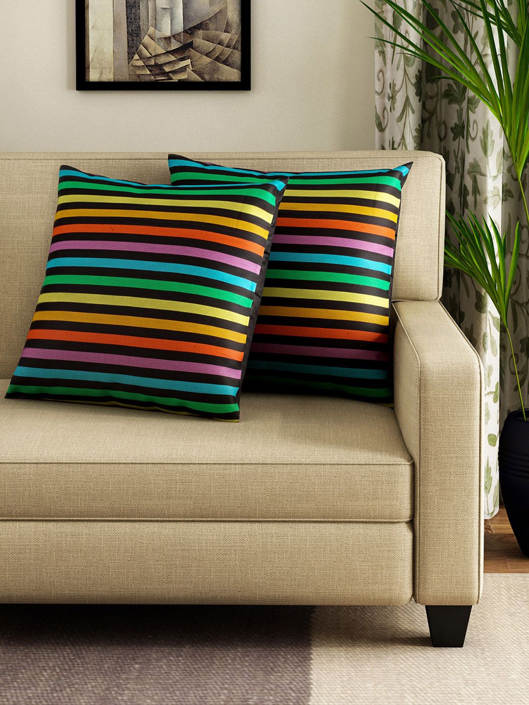 SWAYAM Multicoloured Set of 2 Striped 24" x 24" Square Cushion Covers Price in India