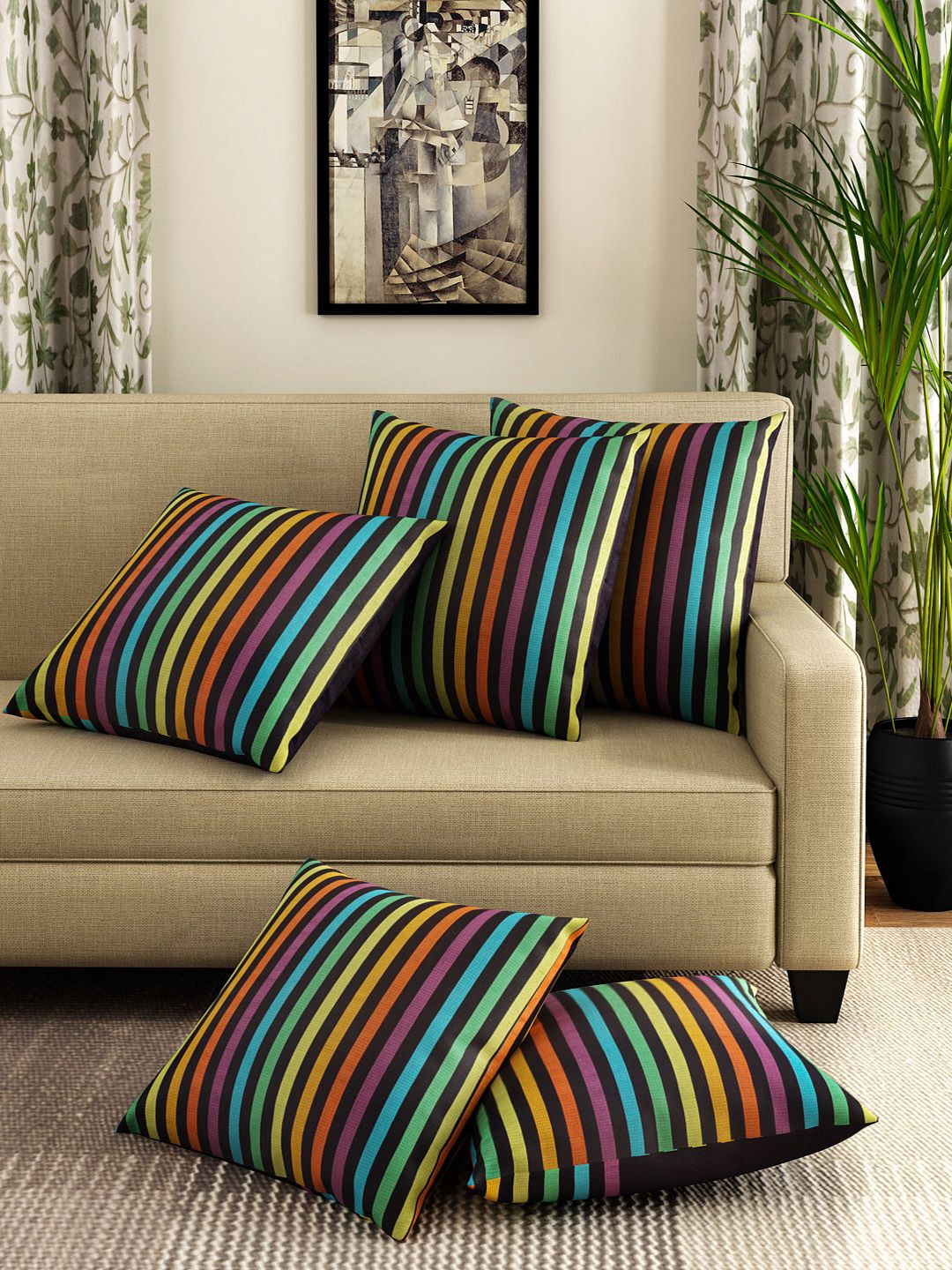 SWAYAM Multicoloured Set of 5 Striped 24" x 24" Square Cushion Covers Price in India