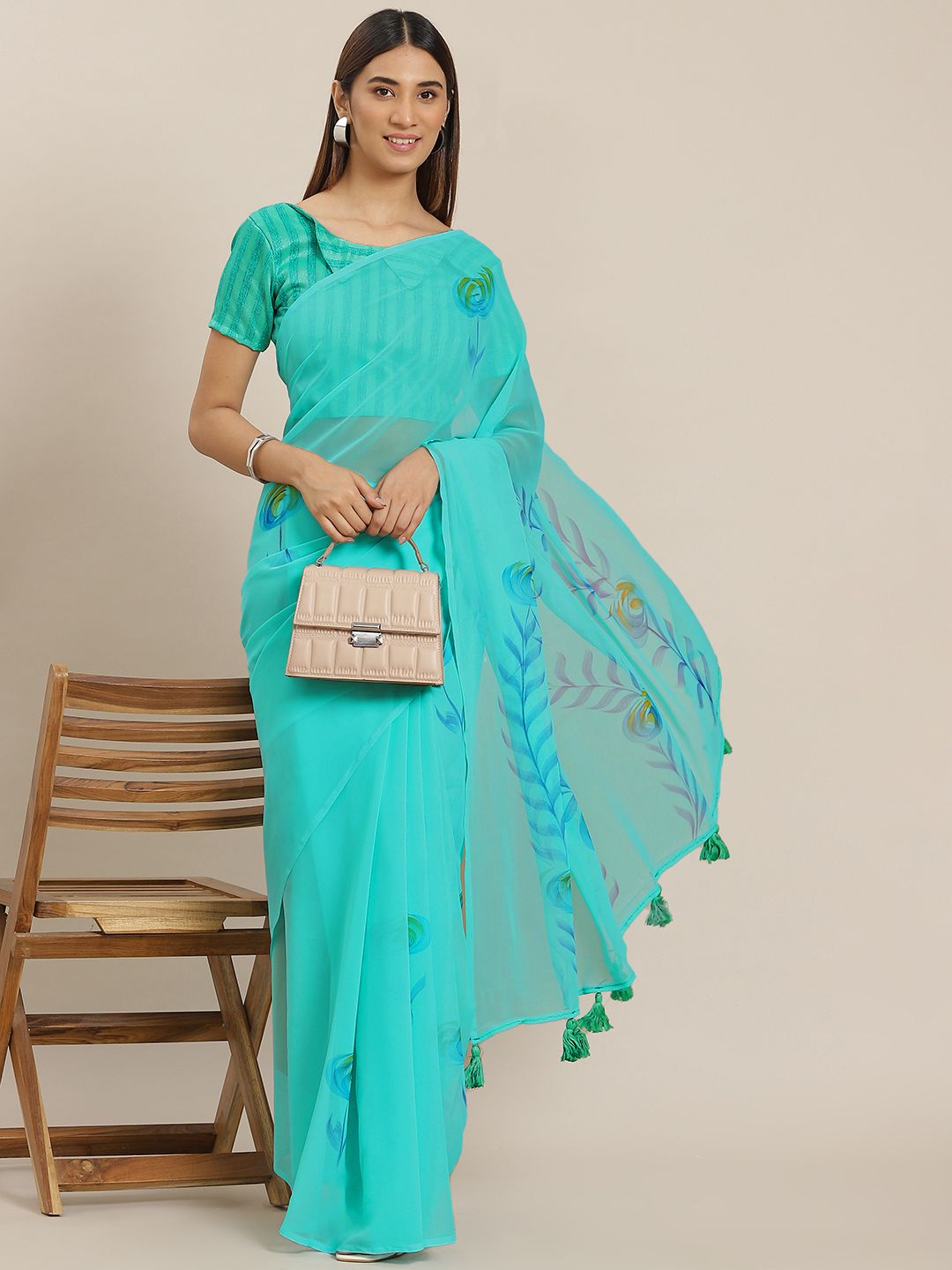 Mitera Turquoise Blue Floral Print Saree with Blouse Piece Price in India