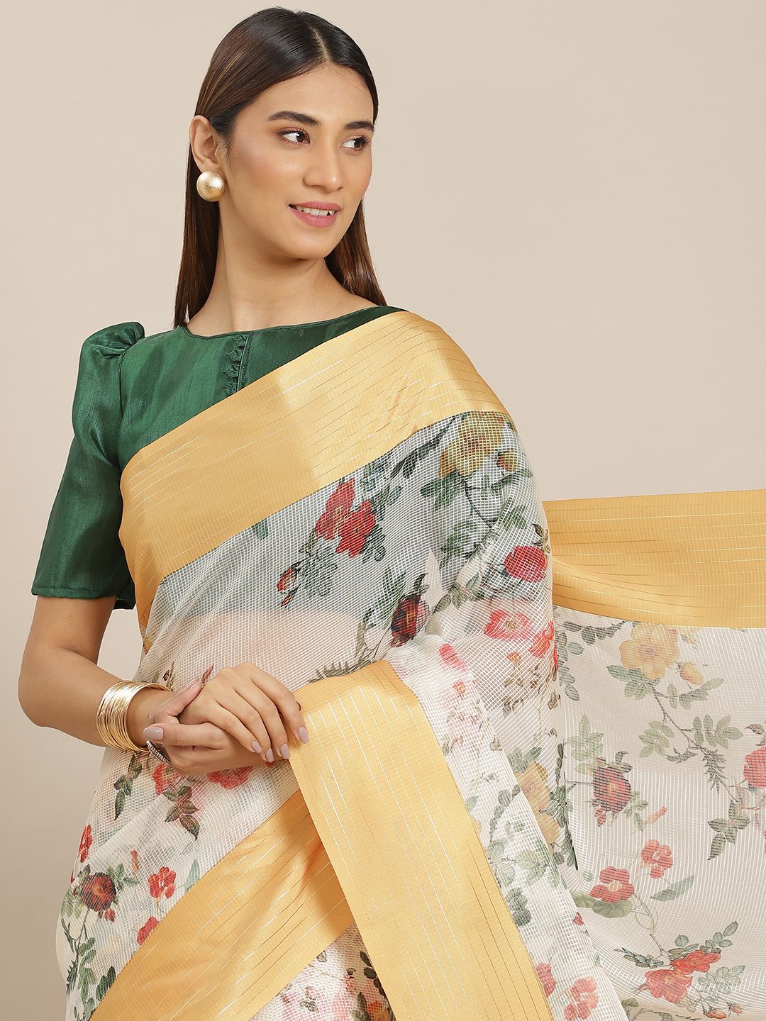 Mitera Off White Floral Print Jute Silk Saree Price in India