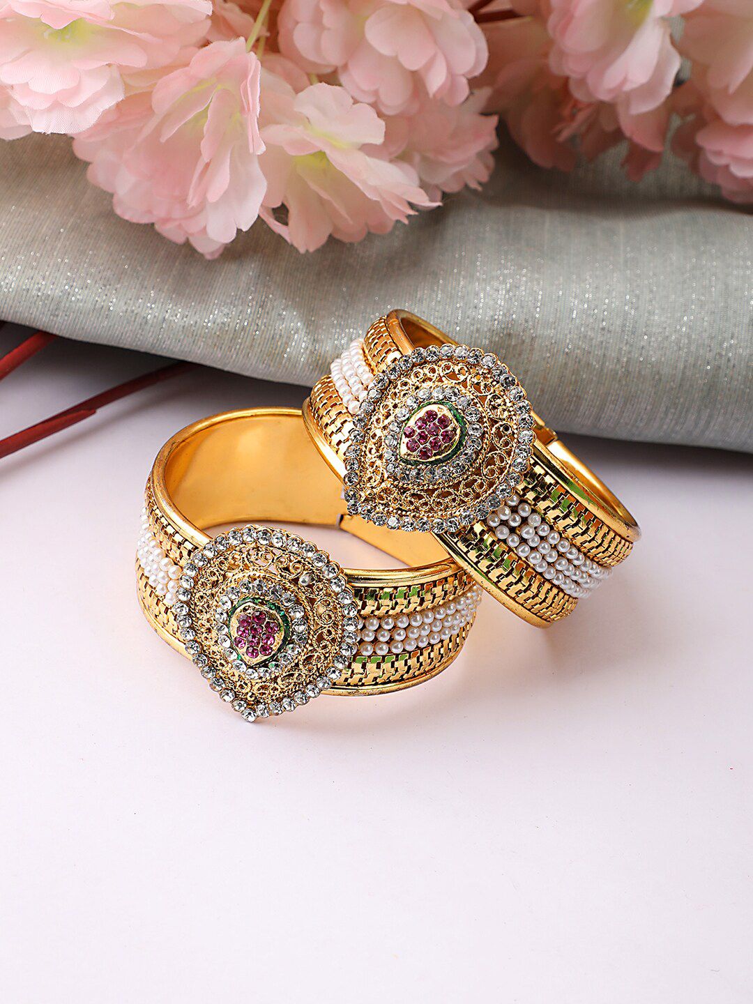 ANIKAS CREATION Women Set of 2 Gold-Plated & White Brass Pearls Kada Bracelet Price in India