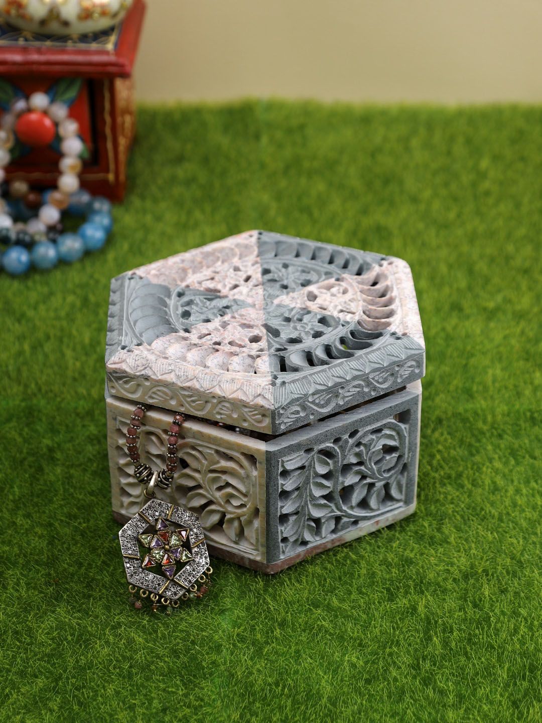 Aapno Rajasthan Grey Textured Hexagonal Jewelry Box Organizer Price in India