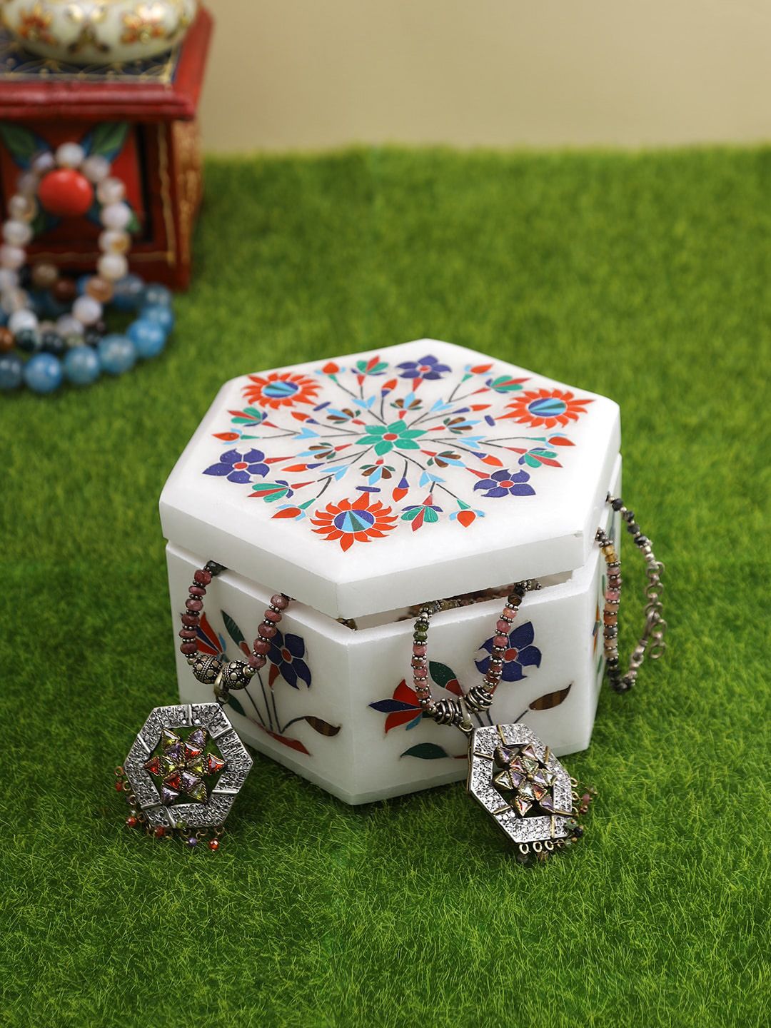 Aapno Rajasthan White & Blue Textured Hexagonal Jewelry Box Organizer Price in India