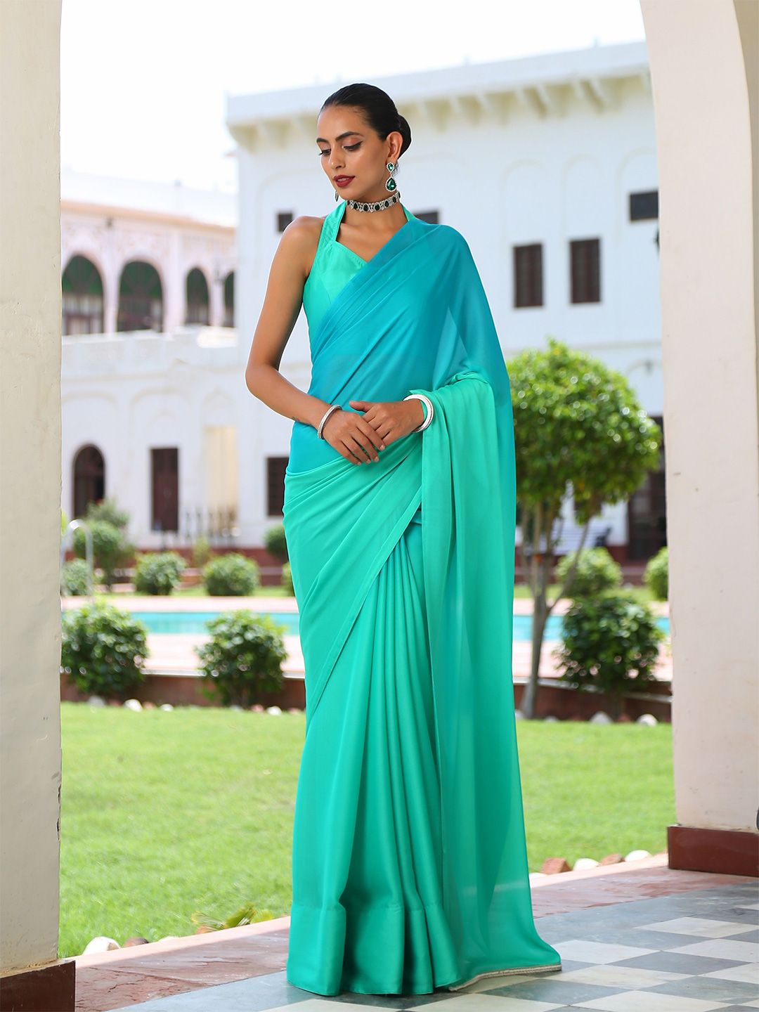 Swtantra Sea Green & Blue Ombre Pure Chiffon Saree