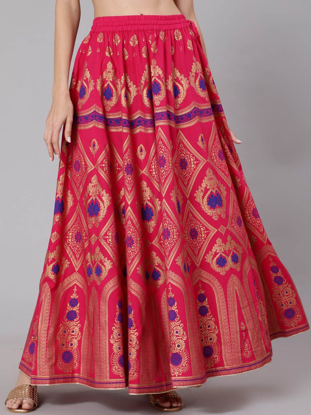 Jaipur Kurti  Women Pink Gold-Coloured Printed Maxi-Length Flared Skirt Price in India