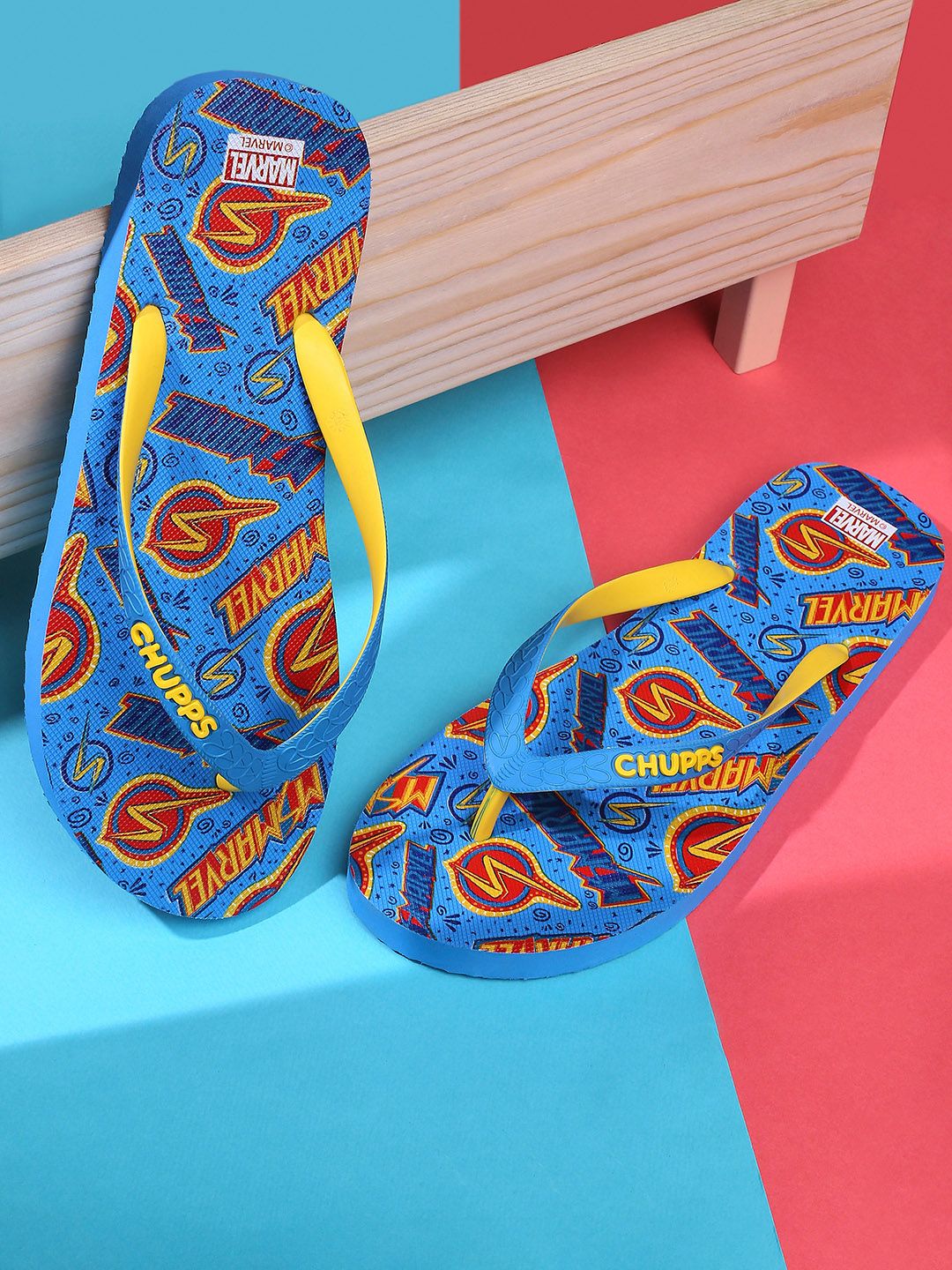 CHUPPS Women Yellow & Blue Printed Rubber Thong Flip-Flops Price in India