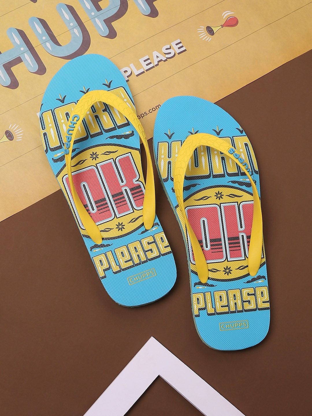 CHUPPS Women Yellow & Blue Printed Rubber Thong Flip-Flops Price in India