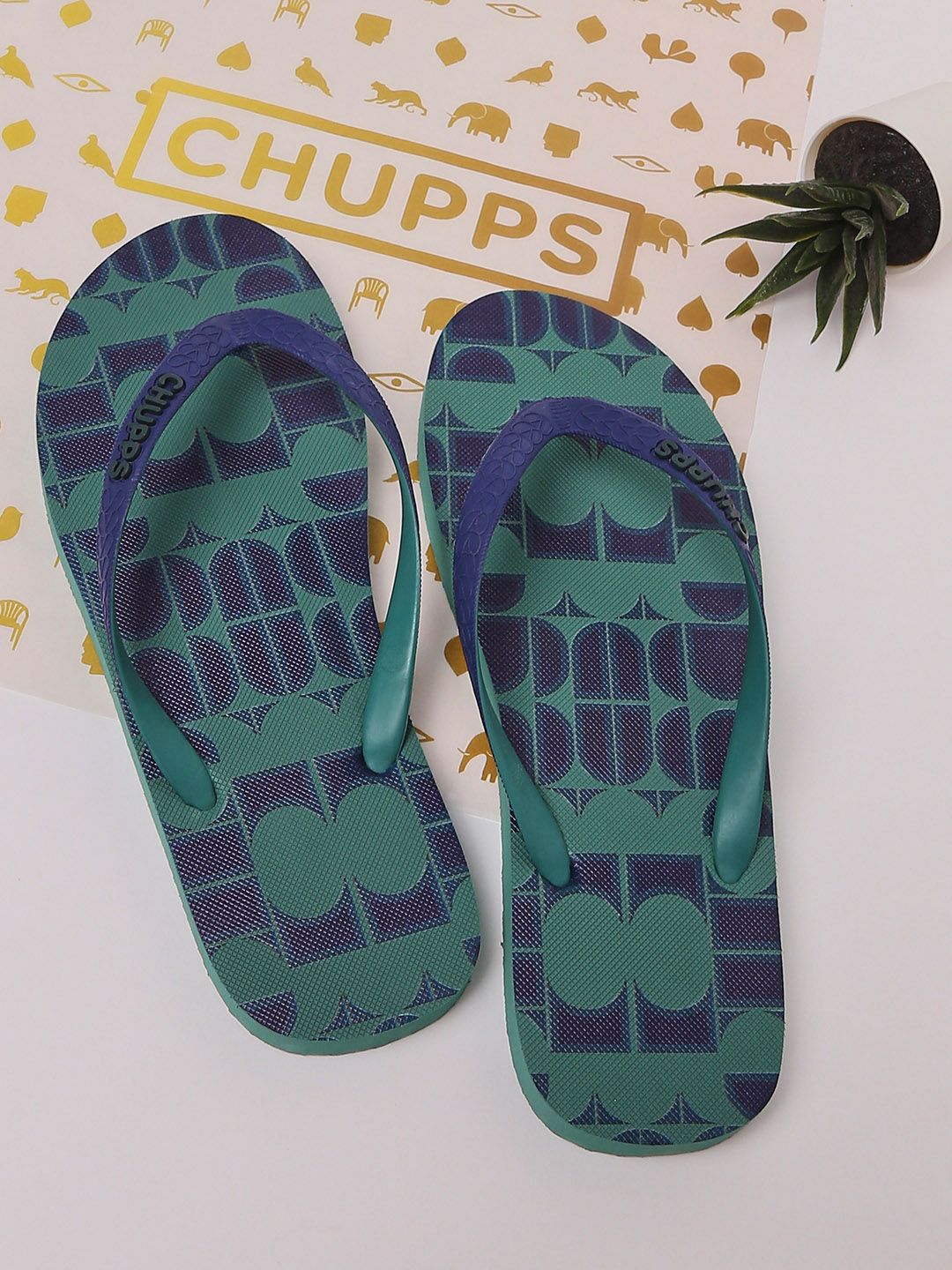 CHUPPS Women Green & Blue Printed Rubber Thong Flip-Flops Price in India