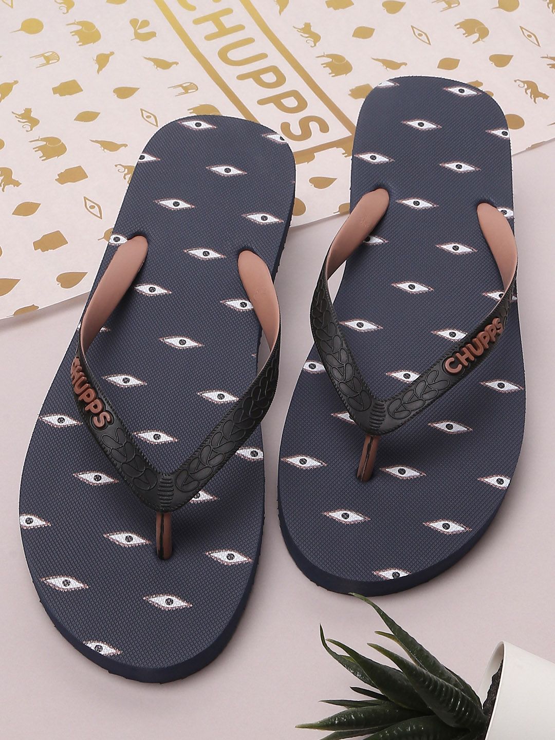 CHUPPS Women Blue & White Printed Rubber Thong Flip-Flops Price in India