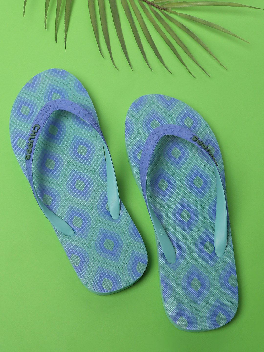 CHUPPS Women Green & Blue Printed Rubber Thong Flip-Flops Price in India